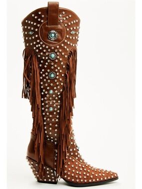 Studded Fringe Western Knee-High Boot in Cognac with Turquoise Accents